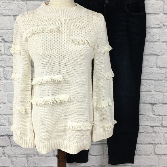 Loft fringe pullover mock neck sweater, cream, M - Picture 3 of 6